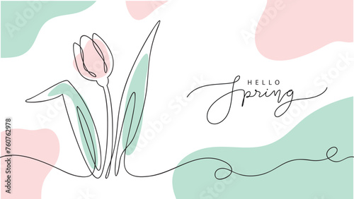 hello spring card with hand drawn tulip in one line style and lettering, vector illustration on white background,template for greeting cards,banner,wallpaper,invitation