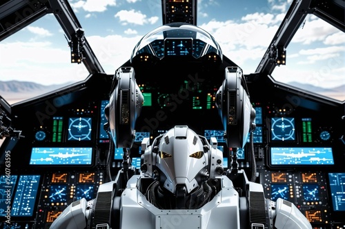 A woman in a white suit with a helmet on her head is piloting a fighter jet photo