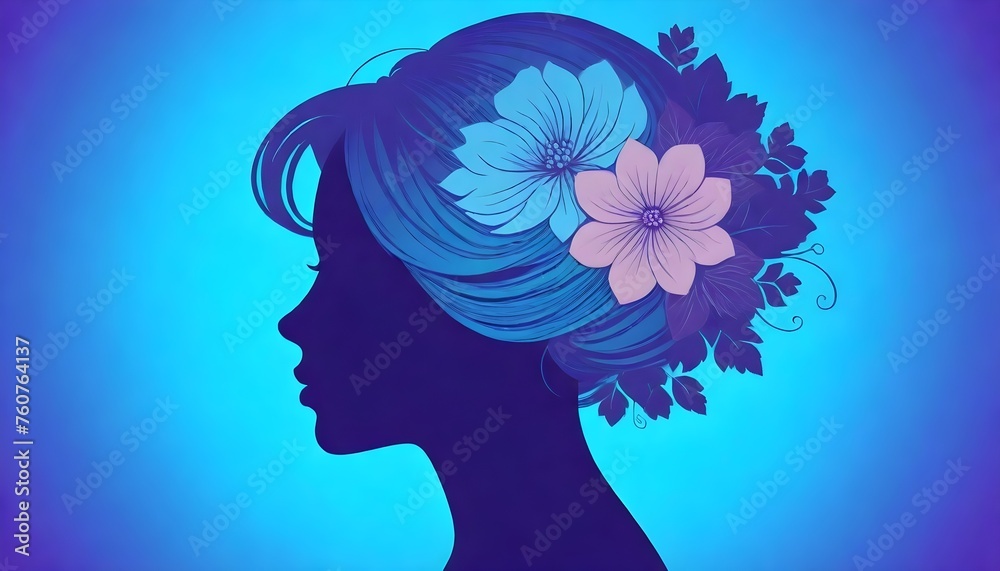 Silhouette of a woman's profile with floral designs in her hair against a blue gradient background