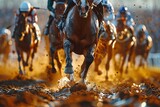 Horse racing action on a muddy track
