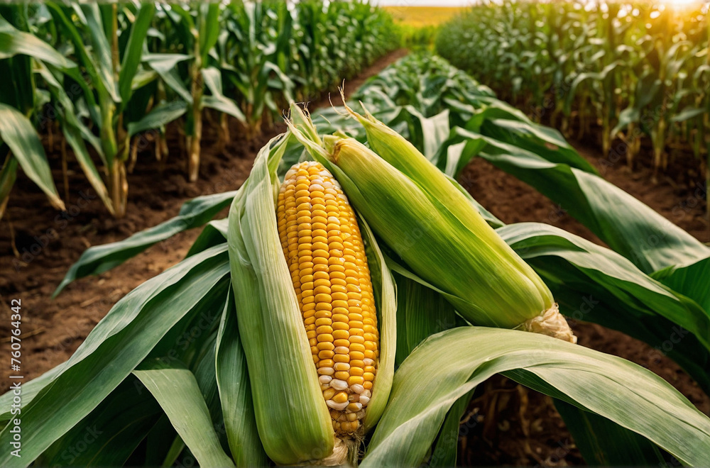 Corn cobs with corn plantation field in background Corn cobs with corn plantation field in background