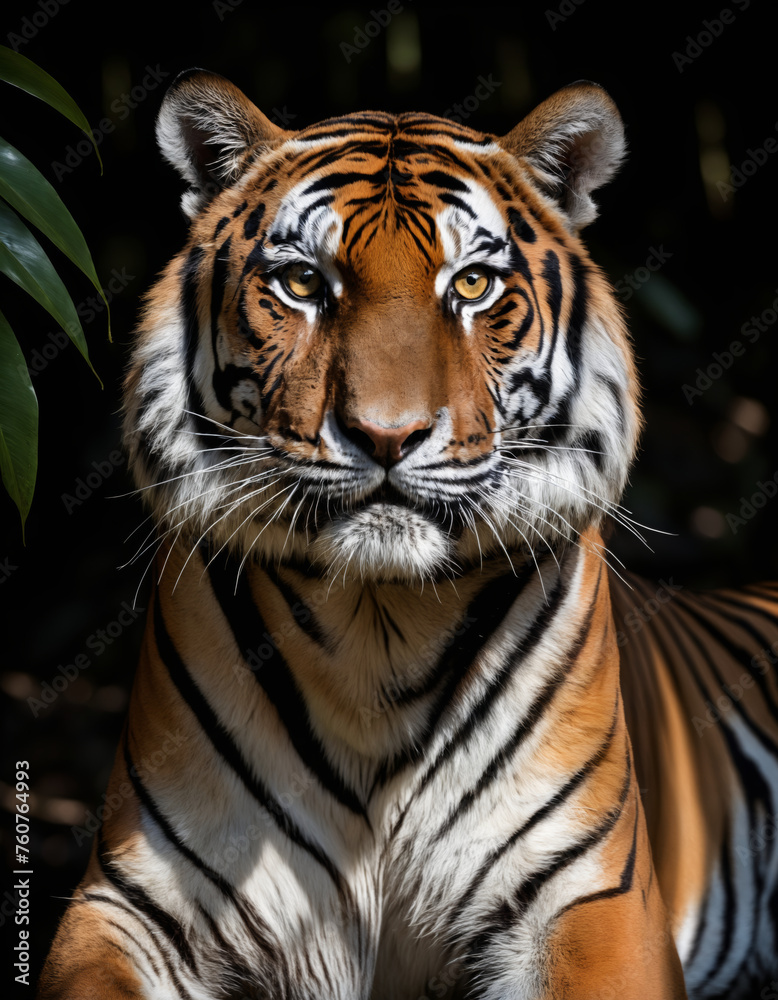 Fototapeta premium Tiger portrait in a dark tropical forest
