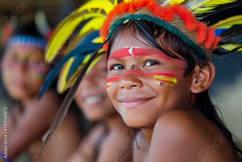 Curious Amazonia tribe children latin. Culture face. Generate Ai