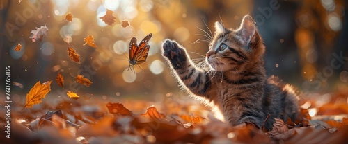 A playful Bengal kitten chasing a butterfly through a sun-dappled forest, with golden leaves crunching underfoot, Wallpaper Pictures, Background Hd