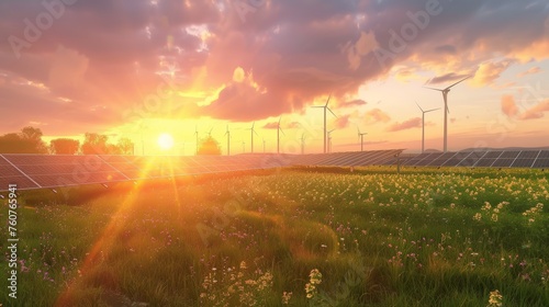 Sunrise over solar panels and wind turbines in green field. Clean energy and environmental technology concept