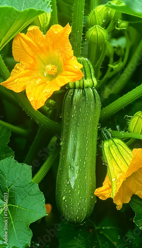 Fresh Zucchini with Blossoms in Garden After Rain