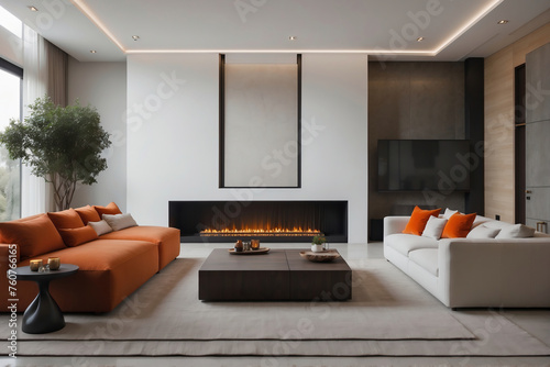 Moderne Wohnzimmereinrichtung mit Kamin und eleganten farblichen Akzenten