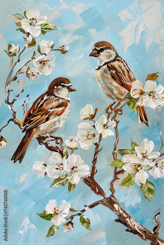 Painting of house sparrows on a branch of a blossoming tree.