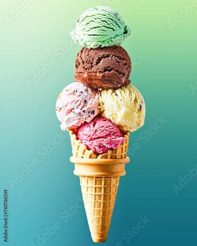 Colorful Ice Cream Scoops in Cone Against Blue Background © Svetlana Kolpakova