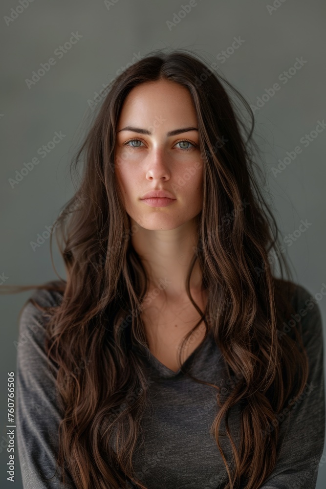 Woman With Long Brown Hair in Gray Shirt Woman With Long Brown Hair in Gray Shirt