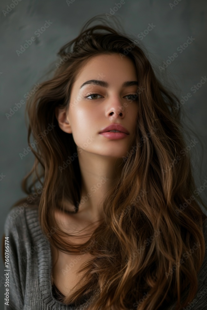 Naklejka premium Woman With Long Brown Hair in Gray Shirt