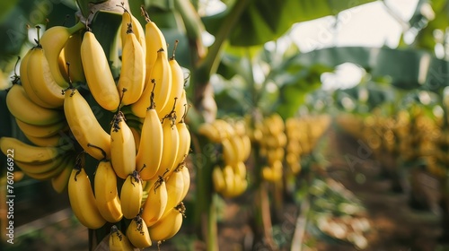 Ripe bananas growing on tree in greenhouse. Generative AI.