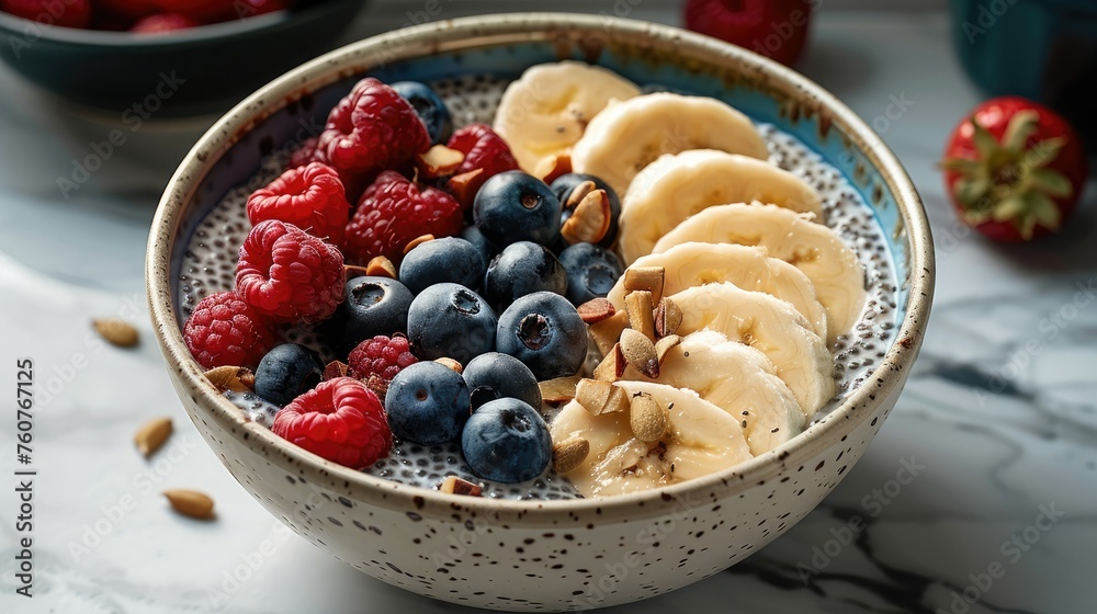 A chia breakfast bowl topped with berries and bananas. Generative AI. A chia breakfast bowl topped with berries and bananas. Generative AI.