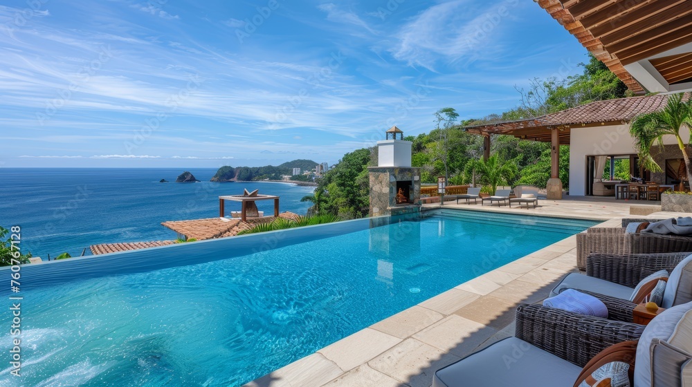 Luxury infinity pool with ocean view, tropical resort villa photography for travel and tourism design and print