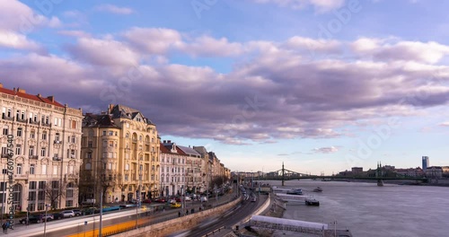 Budapest, Hungary - February 5, 2024: Landscape view from Erzsebet Bridge. Time-lapse, zoom out transition. photo
