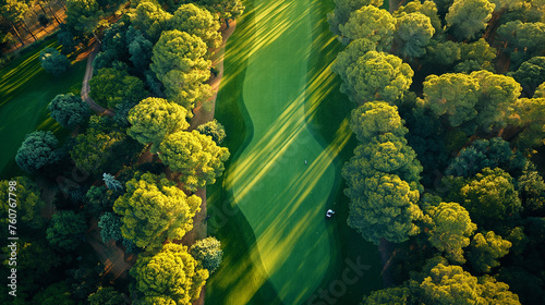 An aerial view of a green golf course surrounded by lush trees and beautiful landscape