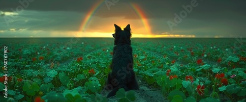A regal Greyhound standing amidst a field of clovers, with a rainbow in the sky and a beer bottle at its paws, celebrating St. Patrick's Day, Wallpaper Pictures, Background Hd