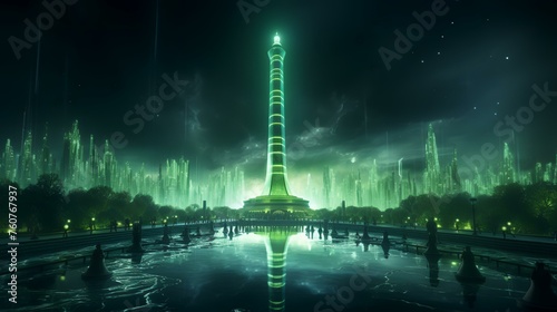 Fountain at night in Paris, France. 3D rendering.