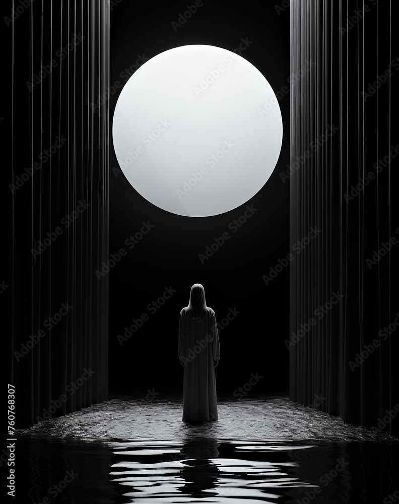 Woman Facing Large Moon in Dark Watery Scene. Monochrome image - obrazy, fototapety, plakaty 