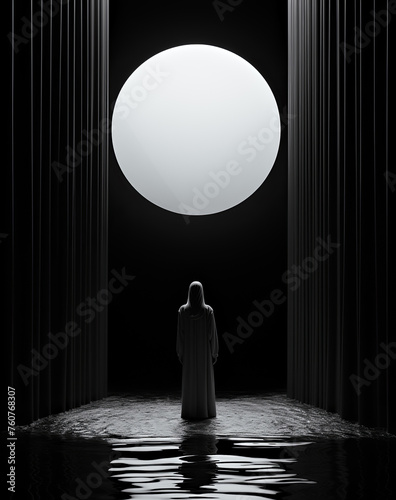 Woman Facing Large Moon in Dark Watery Scene. Monochrome image