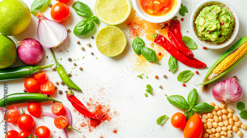 Fresh Cooking Ingredients Spread on White Surface. Food cocncept healthy eating photo