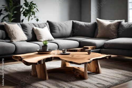 Close up of natural wood rustic live edge coffee table near grey sofa. Minimalist home interior design of modern living room. 