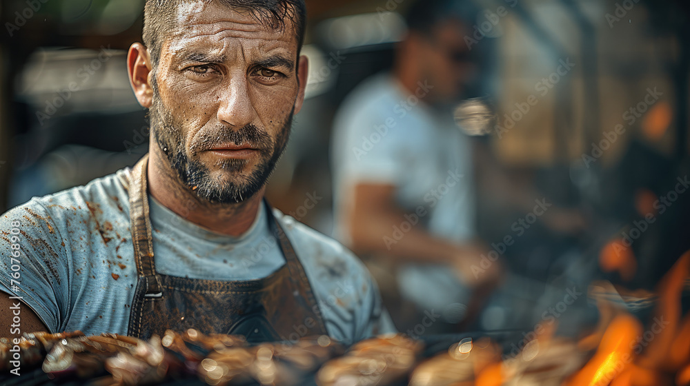 Portrait of a man rustic barbecue chef, grilling. Generative AI.