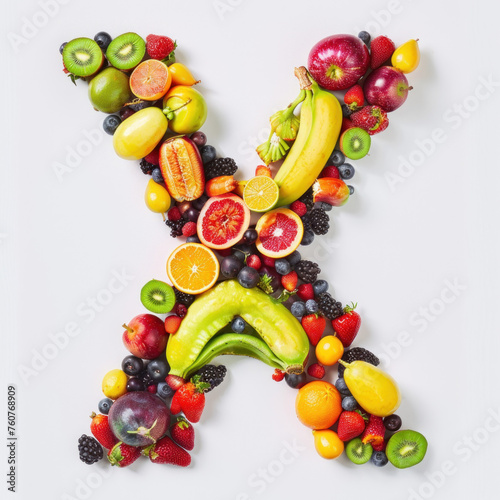 Vibrant Assortment of Fruits Arranged in Alphabet Letter X on Pristine Background