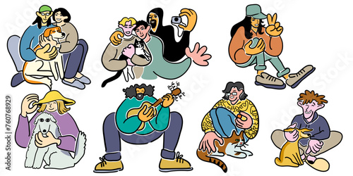 color cartoon people doodle style. set of men and women in different poses.print advertising poster template. pets lovers