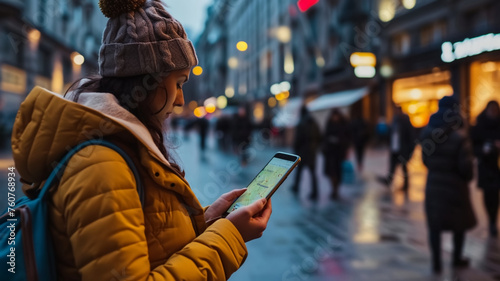 Young woman in winter attire checking GPS navigation on her smartphone while exploring the city streets in the evening. 