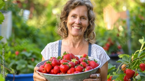 Happy mature woman with a bowl of freshly picked strawberries in a strawberry field.
