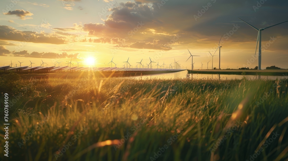 Sunrise over solar panels and wind turbines in green field. Clean energy and environmental technology concept - obrazy, fototapety, plakaty 