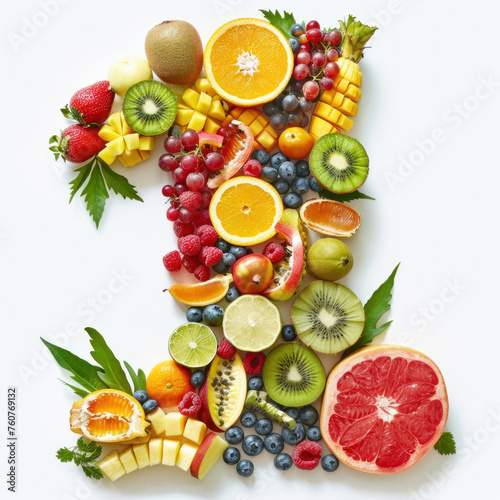 Fresh Assorted Tropical Fruits Shaped As Number One on White Background