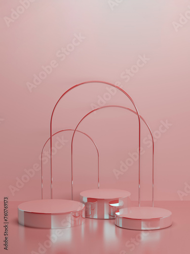 Set of three round pink polish glossy podiums for cosmetic products, mockup, arches on pink background. Scene for presentation products, gifts, goods, advertising, design, sale in cute female style.