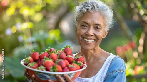 Joyful senior woman with grey hair holding a bowl of strawberries in a lush garden. Healthy lifestyle and organic gardening concept