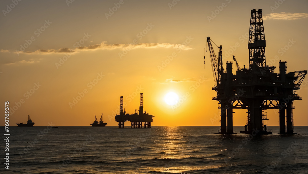 Oil rigs at sea. Golden hour light. Silhouettes of oil rigs. Free space for text