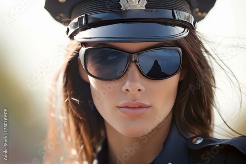Assertive African american police woman in sunglasses. Portrait outdoor in sunny day photo. Generate Ai © anatolir