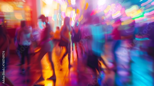 Dancing people out of focus in nightclub lights. Nightlife at party. 