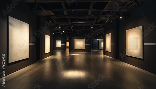 Contemporary Dark-Themed Gallery with High Ceilings and Illuminated Empty Canvases.
