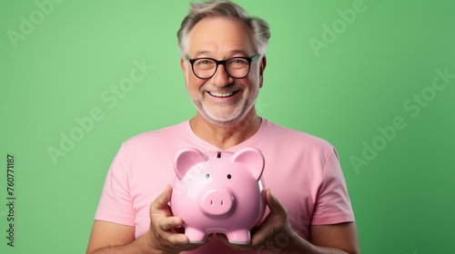 Smiling middle age man holding a piggybank