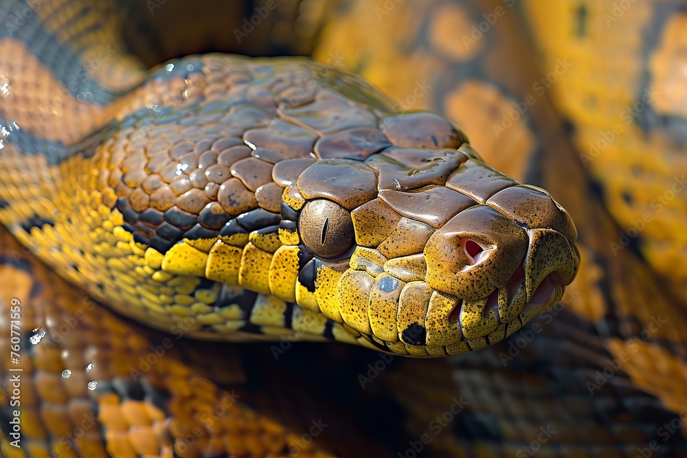 Fototapeta premium Massive Anaconda snake macro. Female pet. Generate Ai