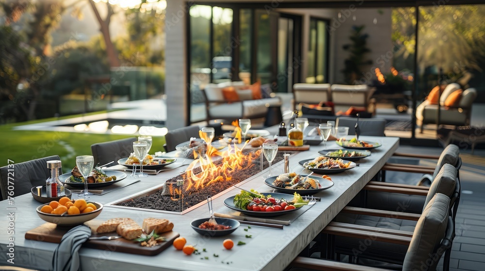 A fire pit dining table with food and drinks in a modern backyard. Generative AI. - obrazy, fototapety, plakaty 