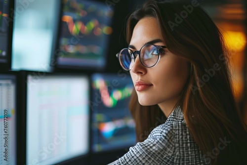 Detail-oriented Analyst woman with financial graph displays. Financial female trader analyzing marketplace. Generate ai