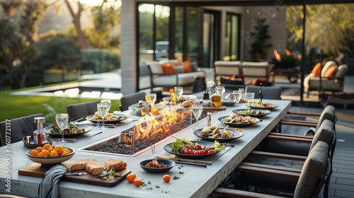 A fire pit dining table with food and drinks in a modern backyard. Generative AI.