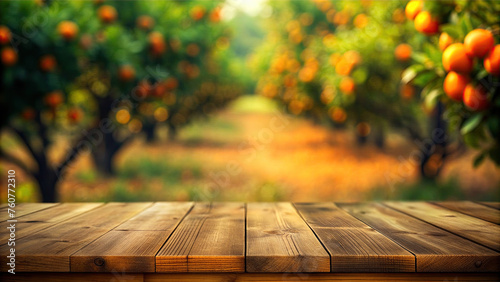 Wooden table with blurred orchard background (ID: 760772310)