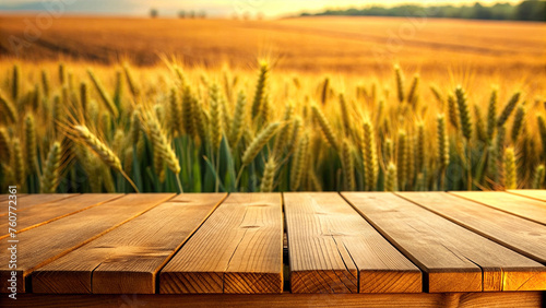 Wooden table with blurred wheat background (ID: 760772361)