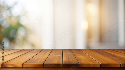 Wooden table with blurred interior background (ID: 760772382)