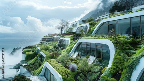 Cliffside with the organic architecture with Angular gabled roofs and green farming greenhouses on each roof. Generative AI. photo