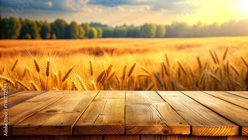 Wooden table with blurred wheat field background (ID: 760772594)