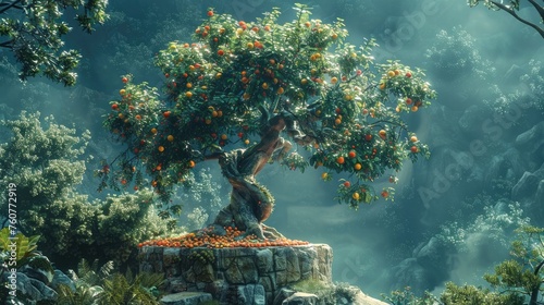 Fantasy Tree of Life Abundant with Colorful Fruit and a Whimsical Woman of Fruit, Cinematic photo